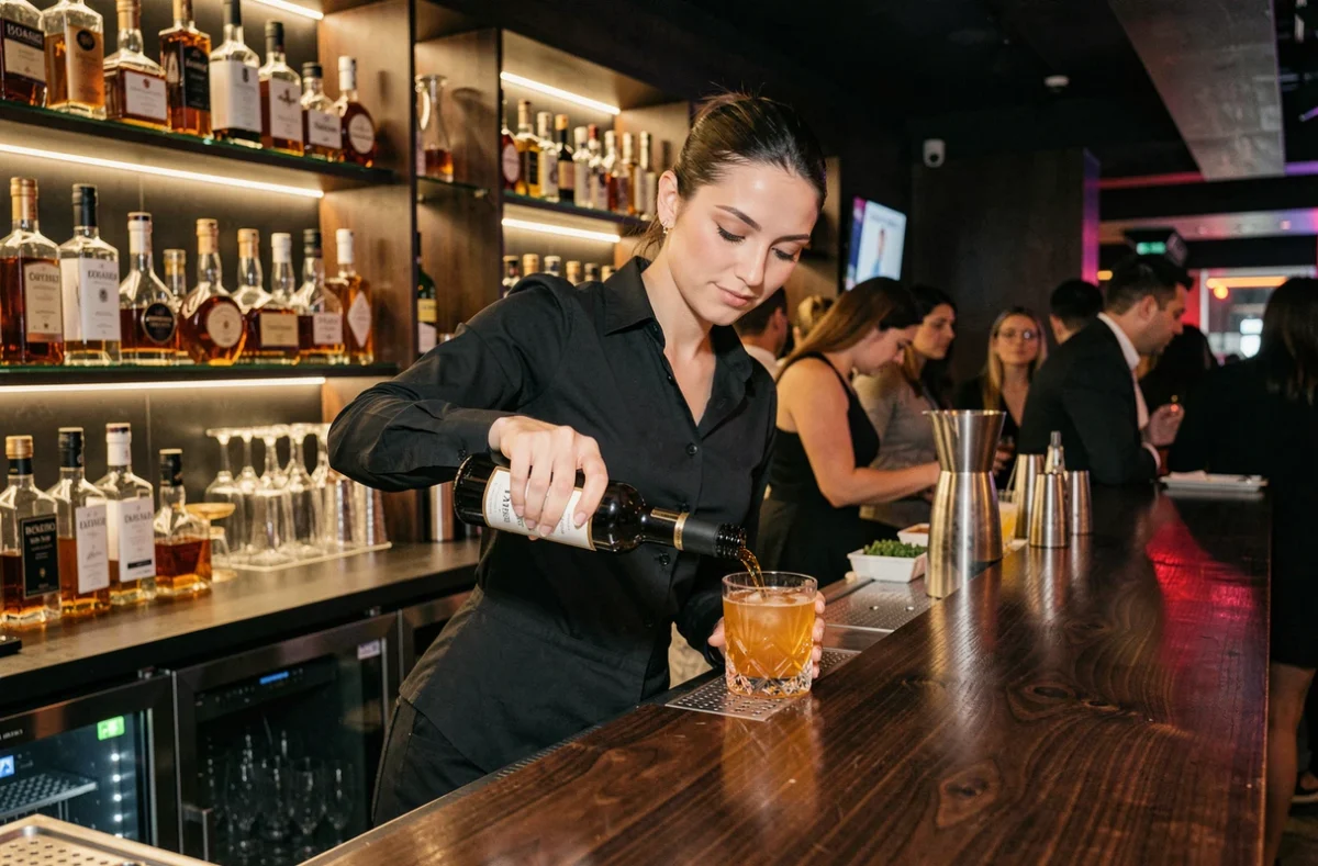 Barman préparant un cocktail au bar d'une discothèque avec tarif des boissons et étagères rétroéclairées