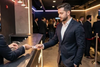 Homme payant l'entrée d'un club nocturne à Lille au comptoir d'accueil avec velvet rope en arrière-plan