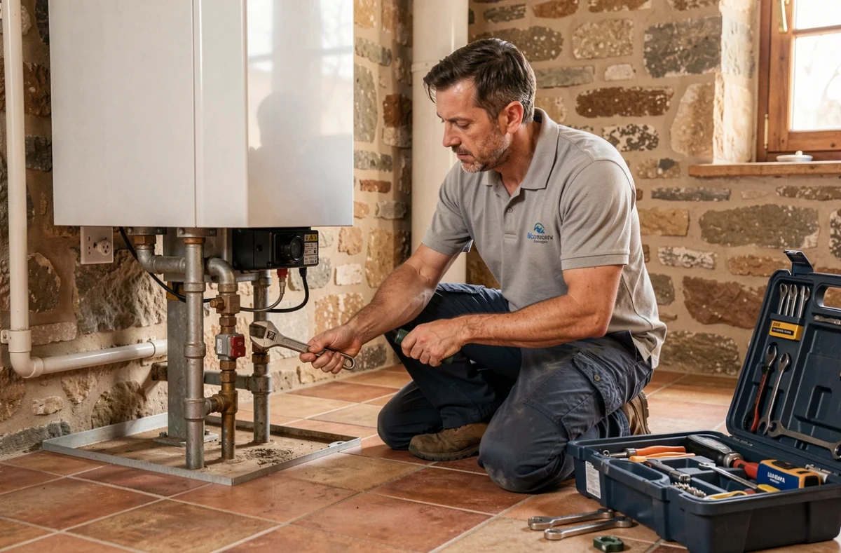 Plombier-chauffagiste de Pro Azur travaillant sur une chaudière dans une maison provençale