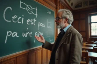 Professeur de philosophie devant un tableau noir avec l'inscription 'Ceci n'est pas une pipe', illustrant la philosophie du langage