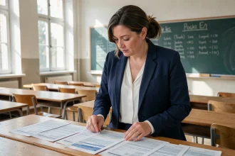 Professeure certifiée consultant sa grille de salaire dans une salle de classe vide