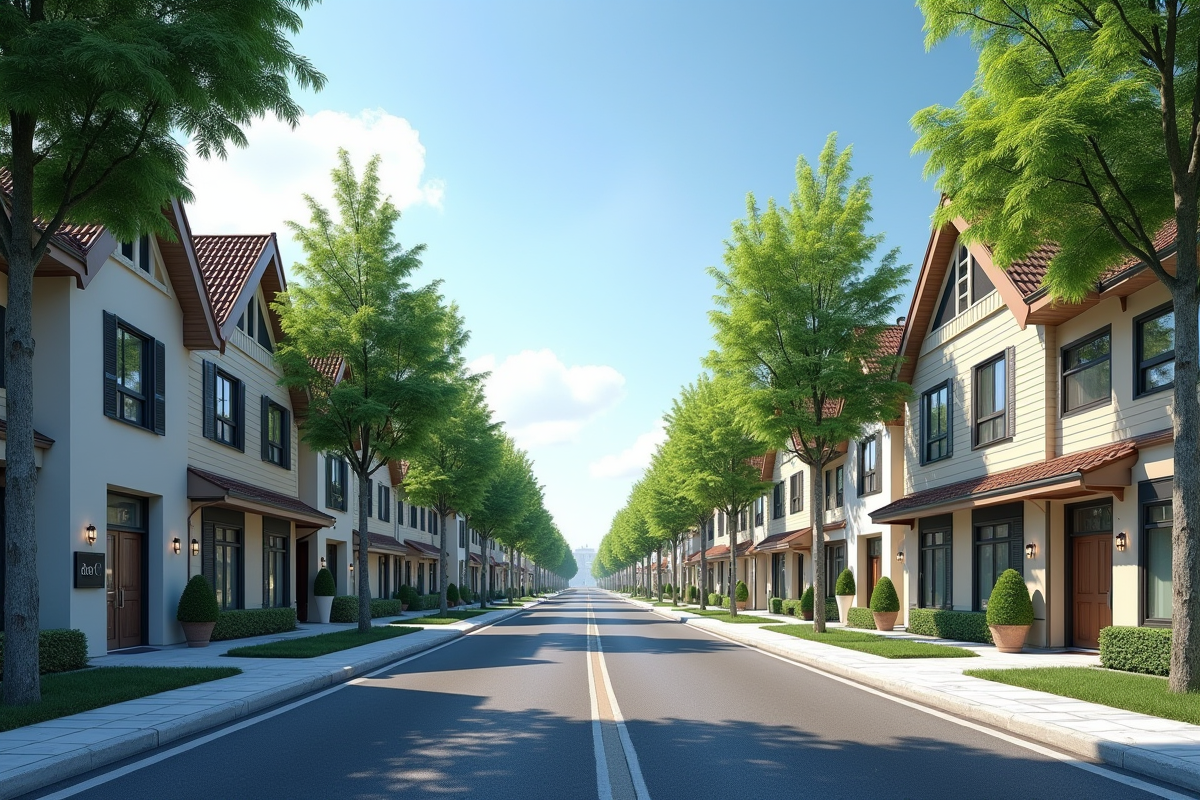 Rue résidentielle moderne avec maisons et commerces