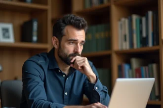 Homme français concentré remplissant un quiz d'orientation politique en ligne sur son ordinateur portable dans un bureau à domicile