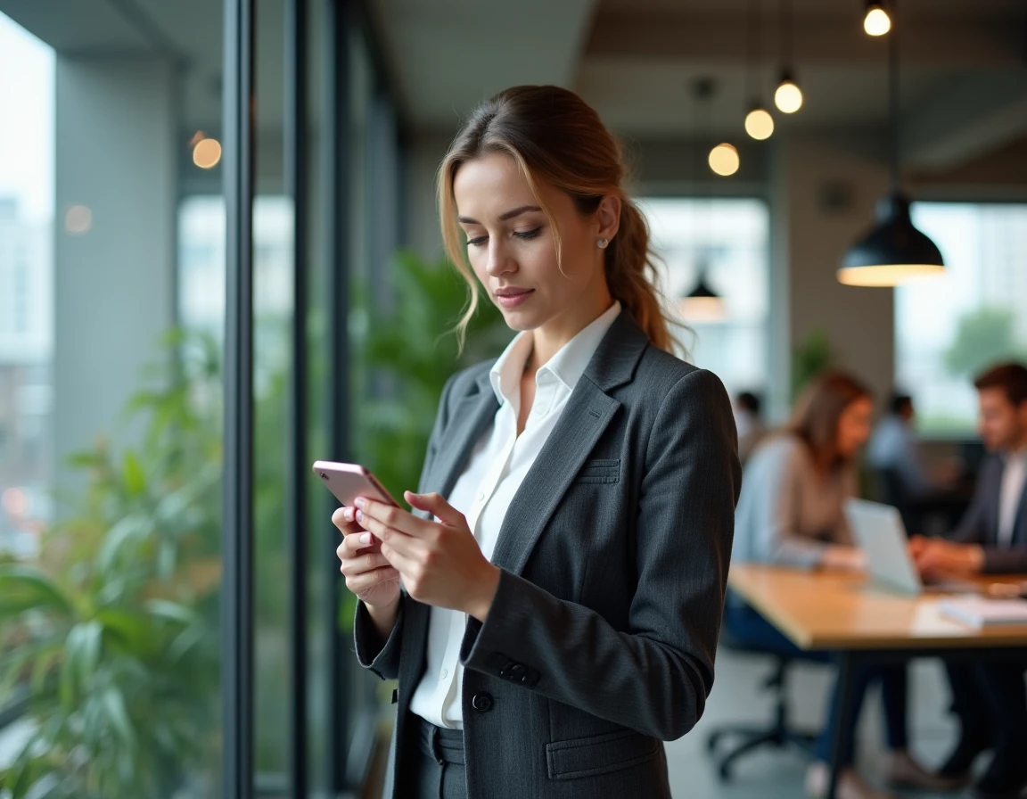 Femme professionnelle consultant un quiz d'orientation politique républicaine sur smartphone dans un espace de coworking moderne