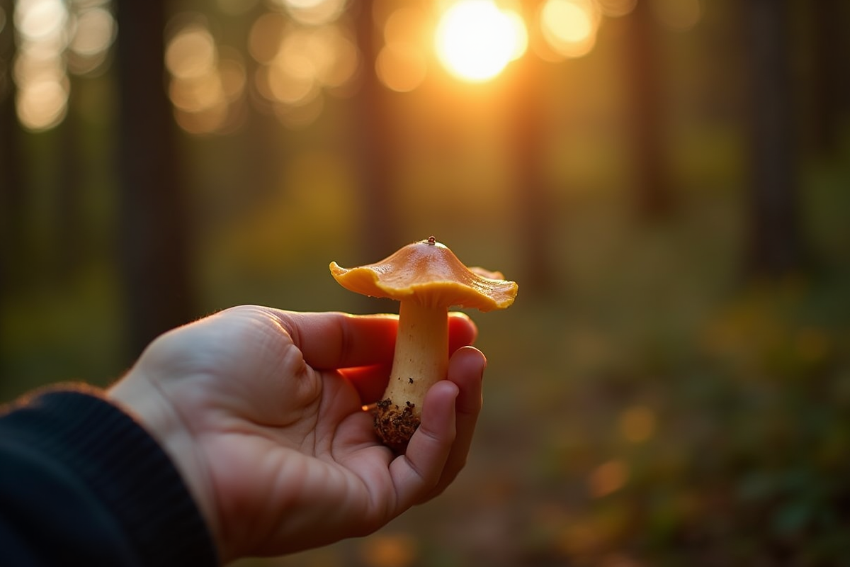 Main tenant une chanterelle dans la forêt au coucher du soleil