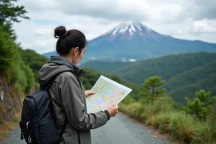 Femme japonaise en randonnée étudie une carte au pied du Fuji