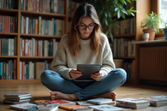 Jeune femme recherchant un manga rare sur une tablette entourée de volumes manga sur un plancher en bois