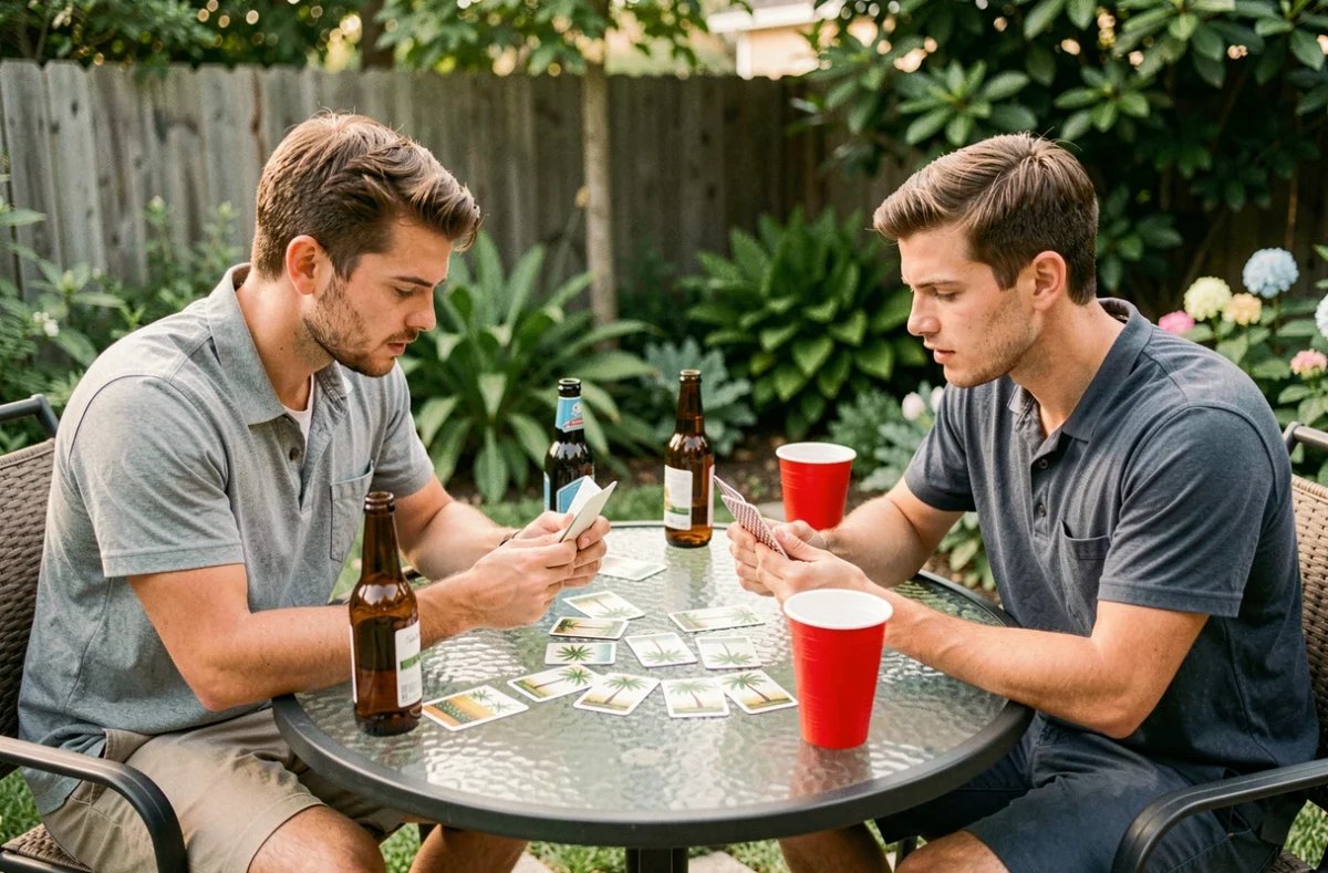 Deux hommes jouant aux règles palmiers avec des cartes lors d'une fête en plein air dans un jardin