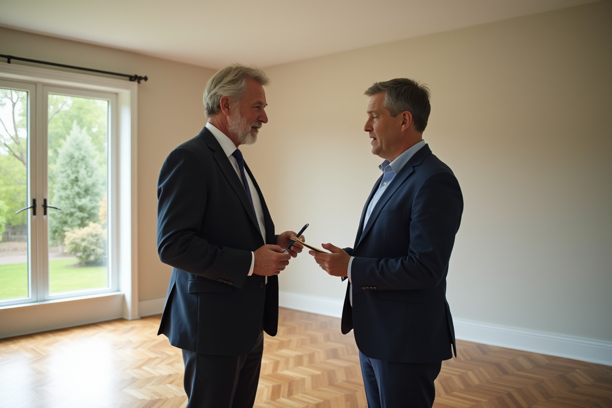 Agent immobilier discutant avec un homme dans un salon vide