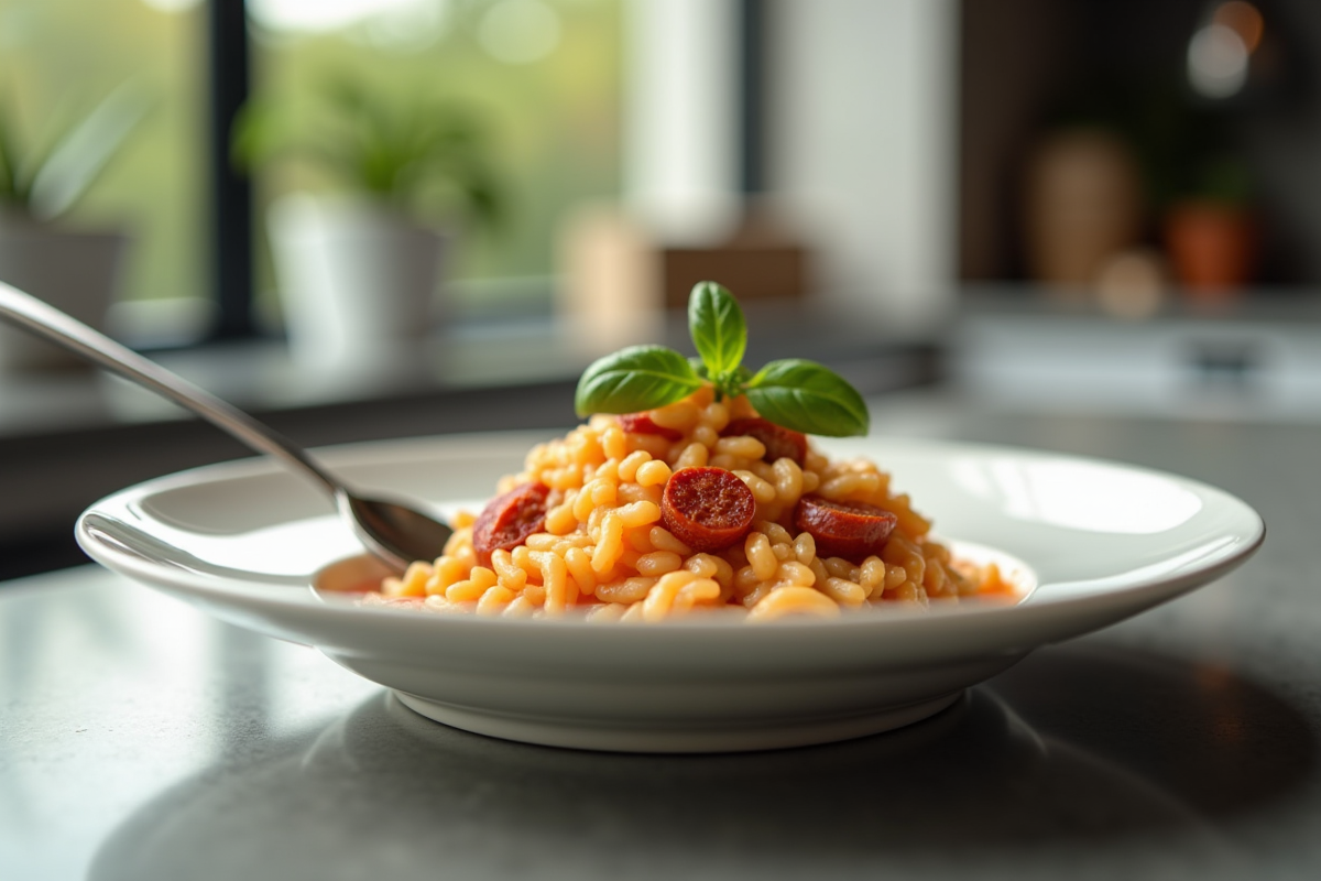Gros plan sur risotto au chorizo dans une cuisine moderne
