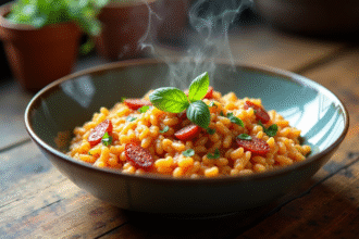 Bol de risotto au chorizo et fines herbes vu de dessus
