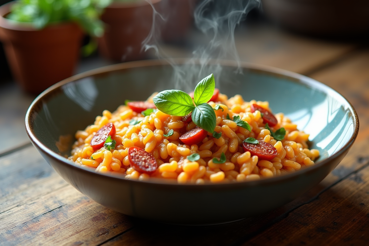 Bol de risotto au chorizo et fines herbes vu de dessus