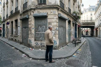 Rue urbaine dégradée dans une ville française classée parmi les plus dangereuses, homme regardant la rue vide avec des commerces barricadés