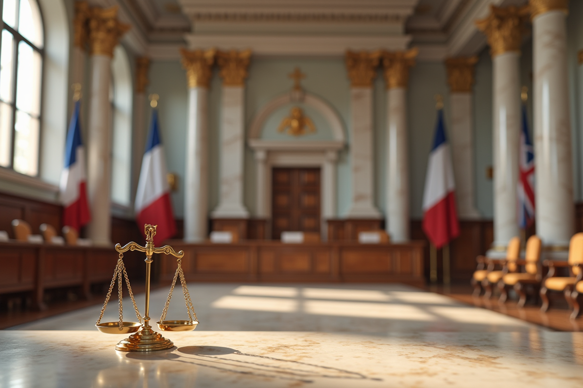 Salle de justice moderne avec colonne en marbre et balance de la justice