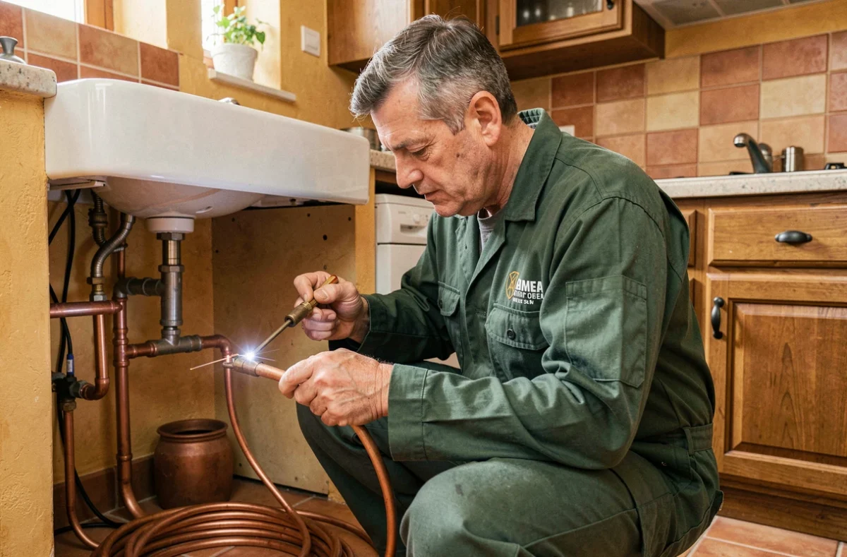 Plombier-chauffagiste de SAS Plomberie Chauffage du Sud soude des joints en cuivre dans une maison du sud de la France