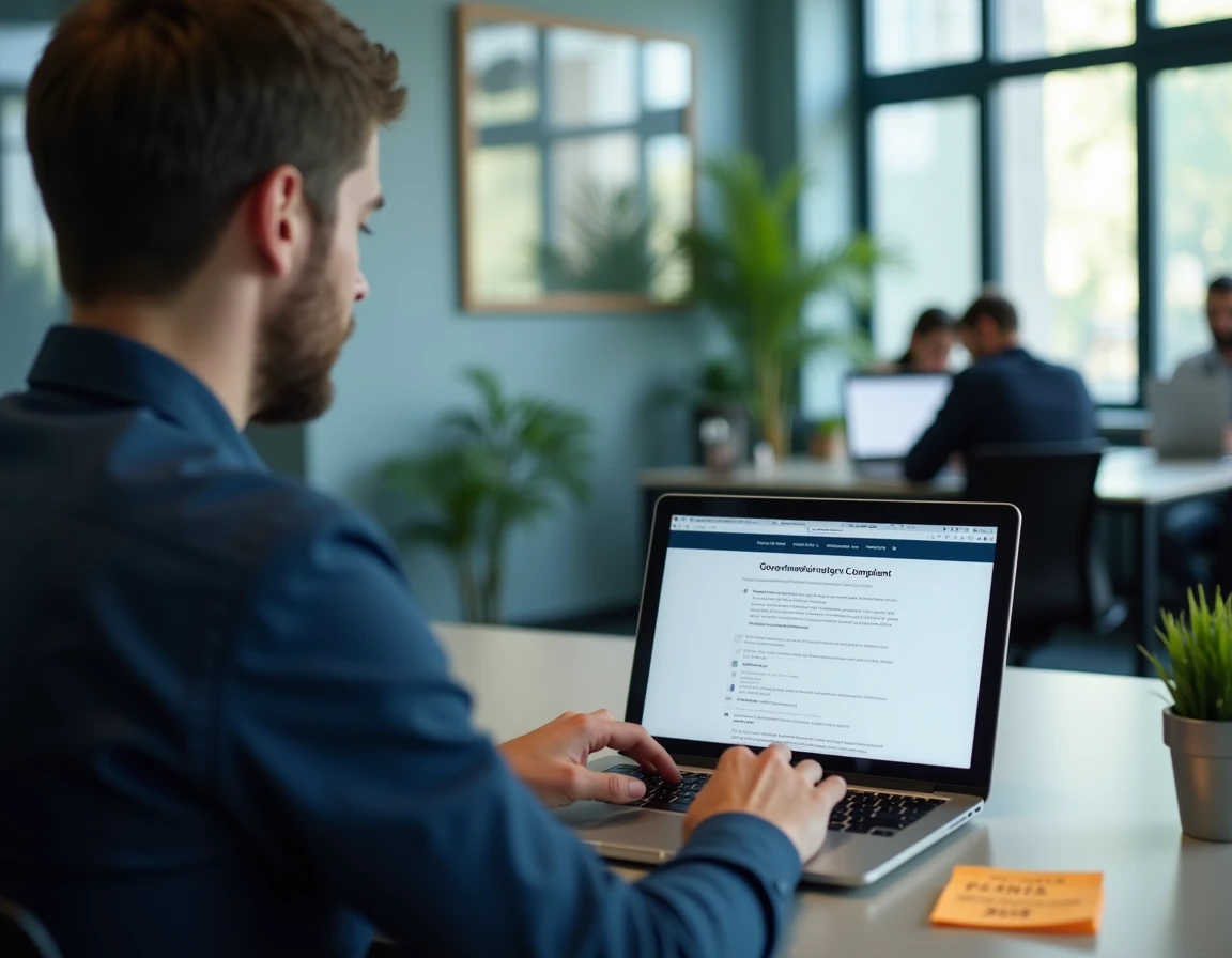 Homme signalant un numéro téléphonique frauduleux aux autorités depuis son bureau professionnel