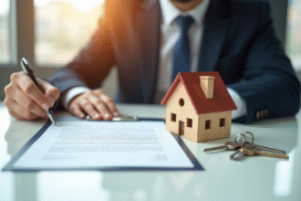 Personne signant un contrat immobilier dans un bureau lumineux