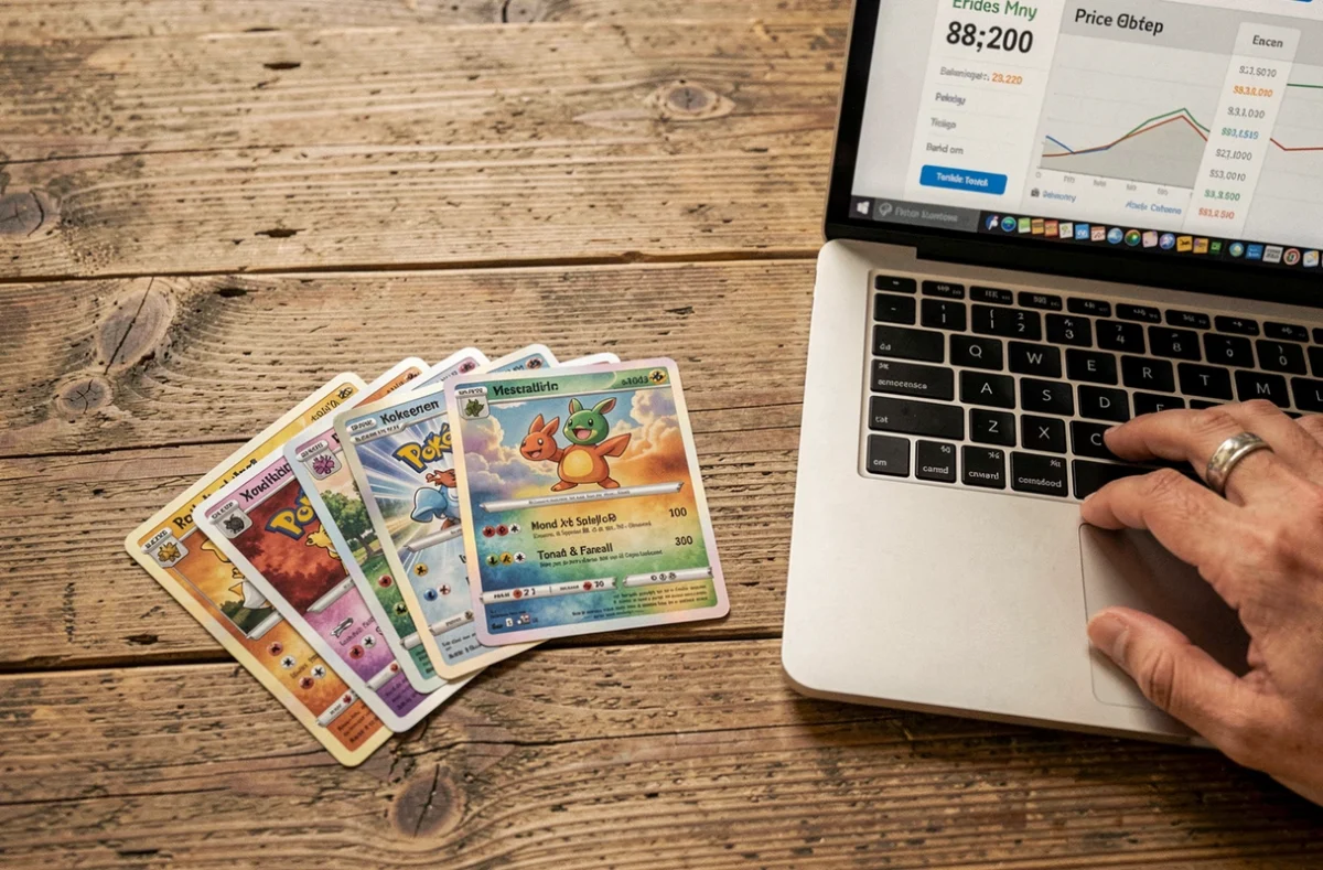 Vue de dessus de cartes Pokémon rares étalées sur une table en bois avec un site de prix ouvert sur ordinateur portable