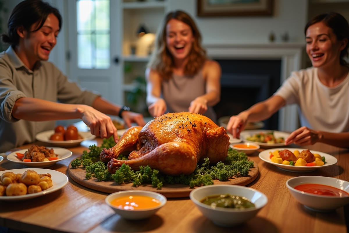 Repas convivial avec rôti dans une cuisine lumineuse