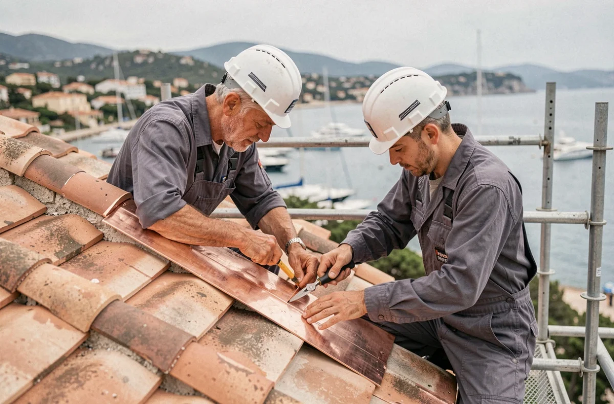 Équipe Toitures Barbato-Schreiber fixant un faîtage en cuivre sur une villa de luxe à Antibes