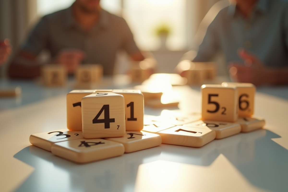 Zoom sur un support de tuiles Rummikub avec joker parmi les tuiles