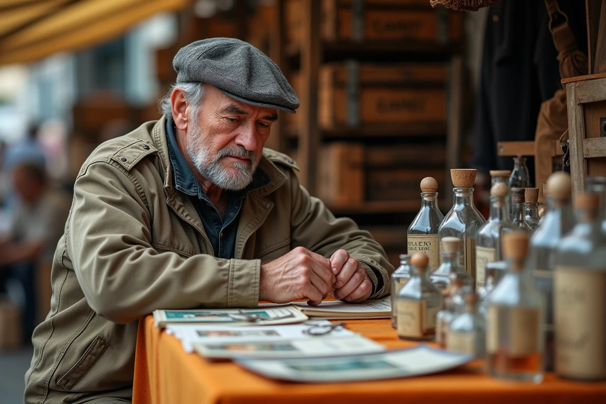 Vendeur âgé arrangeant des objets anciens sur sa table lors d'une brocante des Yvelines