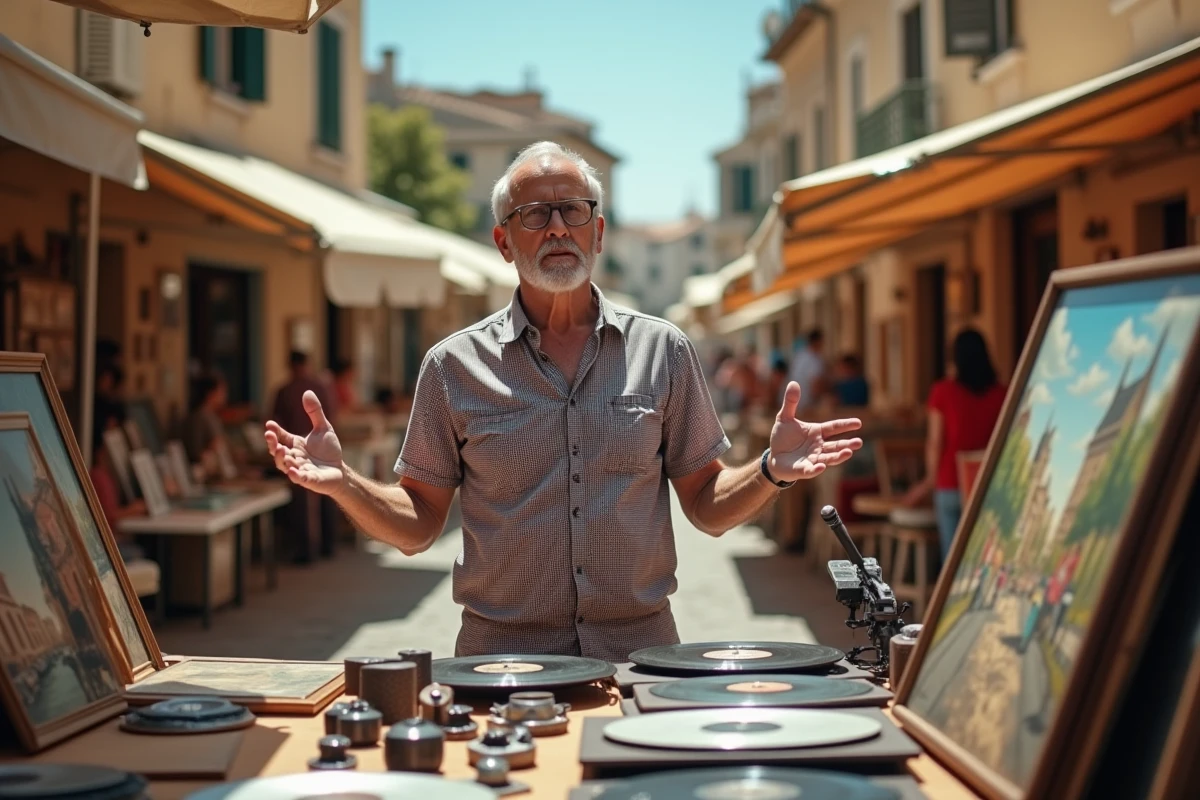 Vendeur discutant le prix de vinyles et objets anciens dans un vide grenier des Alpes Maritimes