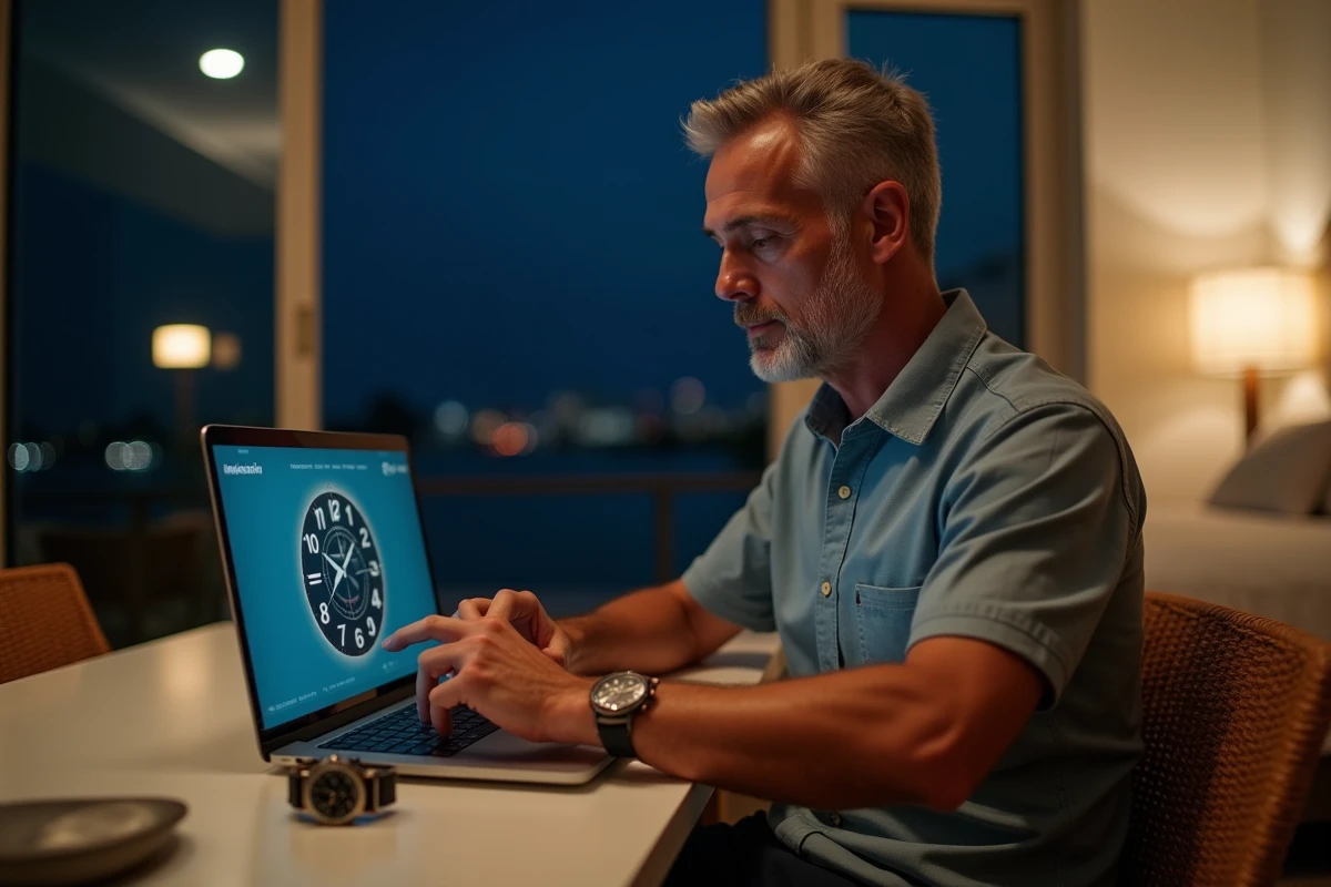 Homme en voyage comparant deux montres analogiques pour gérer le décalage horaire avec La Réunion dans une chambre d'hôtel