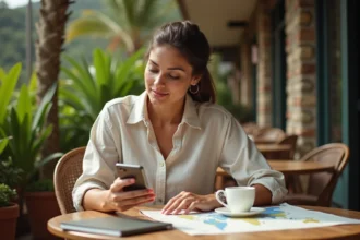 Voyageuse connectée gérant le fuseau horaire de La Réunion depuis une terrasse tropicale avec son smartphone