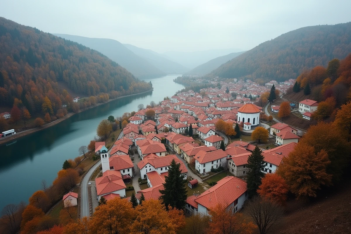 Vue aérienne d'une petite ville serbe aux toits en tuile rouge nichée dans une vallée de rivière en automne