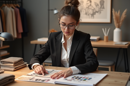 Femme styliste examine des échantillons de tissus et couleurs