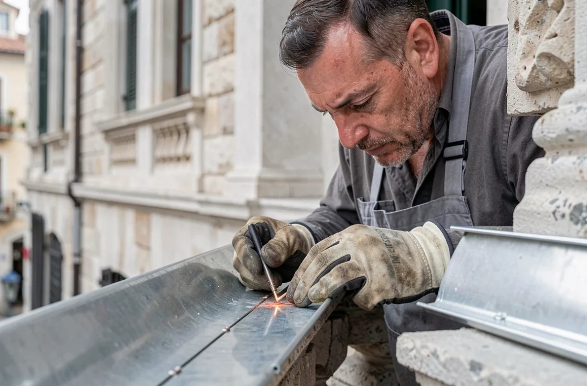 Artisan zingueur de Zinguerie Barralis soudant un chéneau en zinc sur un bâtiment historique à Menton